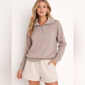 Trendy Queen Taupe Quarter Zip Pullover Sweatshirt Small